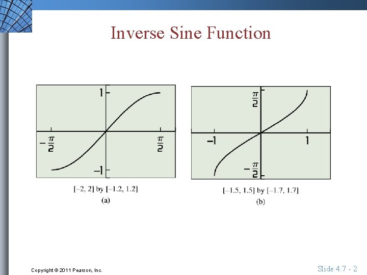 Inverse Sine Function Copyright © 2011 Pearson, Inc. Slide 4. 7 - 2 