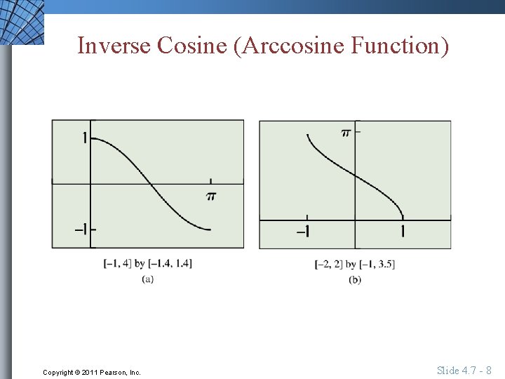 Inverse Cosine (Arccosine Function) Copyright © 2011 Pearson, Inc. Slide 4. 7 - 8