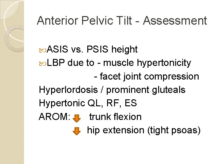 Anterior Pelvic Tilt - Assessment ASIS vs. PSIS height LBP due to - muscle