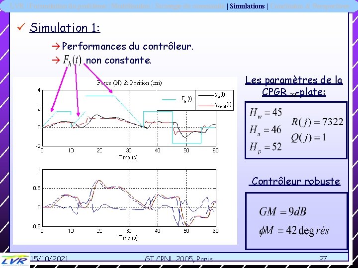 LVR | Formulation du problème | Modélisation | Stratégie de commande | Simulations |