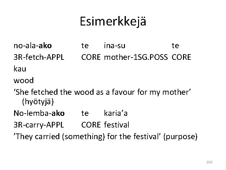 Esimerkkejä no-ala-ako te ina-su te 3 R-fetch-APPL CORE mother-1 SG. POSS CORE kau wood