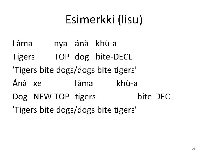 Esimerkki (lisu) Làma nya ánà khù-a Tigers TOP dog bite-DECL ’Tigers bite dogs/dogs bite