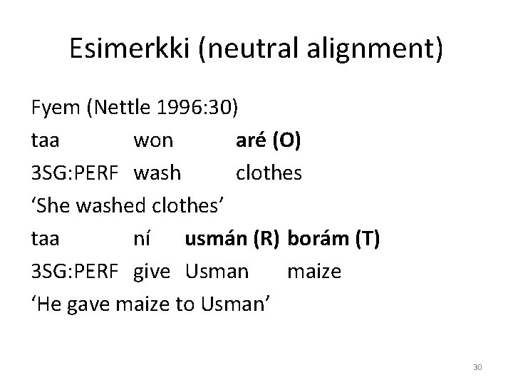 Esimerkki (neutral alignment) Fyem (Nettle 1996: 30) taa won aré (O) 3 SG: PERF