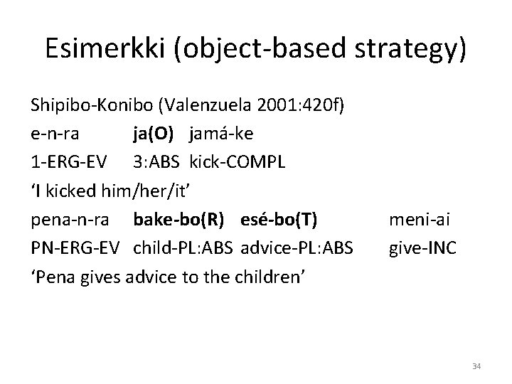 Esimerkki (object-based strategy) Shipibo-Konibo (Valenzuela 2001: 420 f) e-n-ra ja(O) jamá-ke 1 -ERG-EV 3: