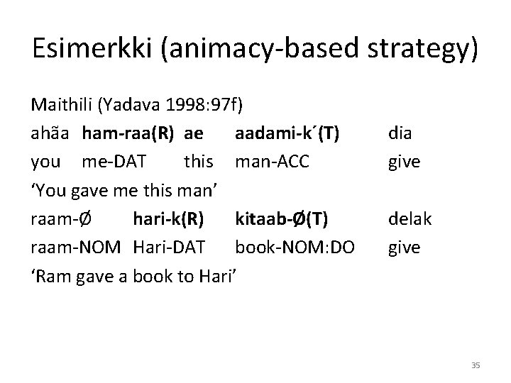Esimerkki (animacy-based strategy) Maithili (Yadava 1998: 97 f) ahãa ham-raa(R) ae aadami-k´(T) you me-DAT