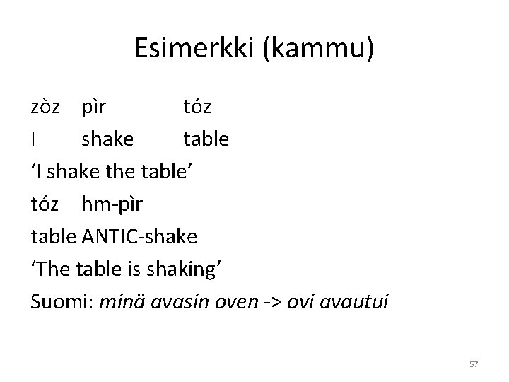 Esimerkki (kammu) zòz pìr tóz I shake table ‘I shake the table’ tóz hm-pìr