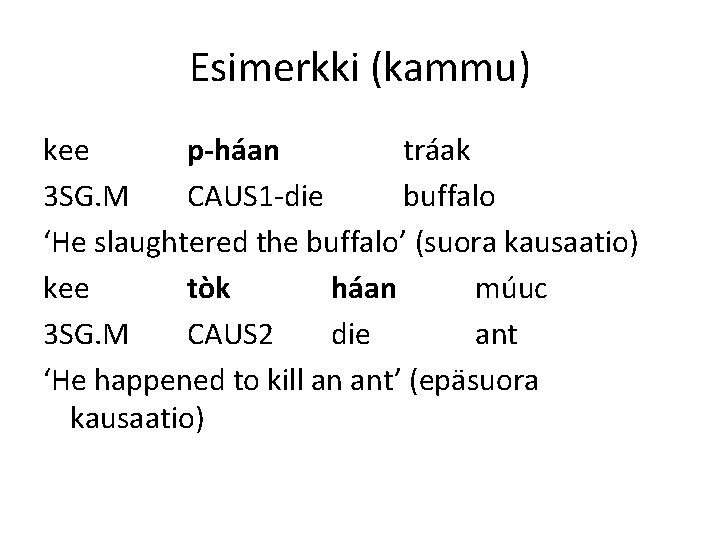 Esimerkki (kammu) kee p-háan tráak 3 SG. M CAUS 1 -die buffalo ‘He slaughtered