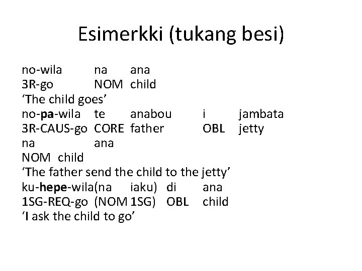 Esimerkki (tukang besi) no-wila na ana 3 R-go NOM child ‘The child goes’ no-pa-wila