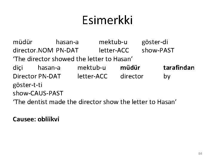 Esimerkki müdür hasan-a mektub-u göster-di director. NOM PN-DAT letter-ACC show-PAST ‘The director showed the