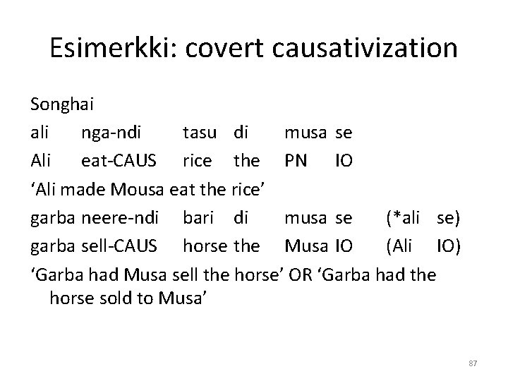 Esimerkki: covert causativization Songhai ali nga-ndi tasu di musa se Ali eat-CAUS rice the