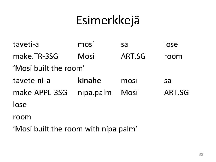 Esimerkkejä taveti-a mosi sa make. TR-3 SG Mosi ART. SG ‘Mosi built the room’