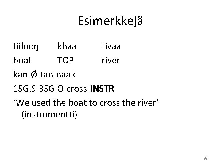 Esimerkkejä tiilooŋ khaa tivaa boat TOP river kan-Ø-tan-naak 1 SG. S-3 SG. O-cross-INSTR ‘We
