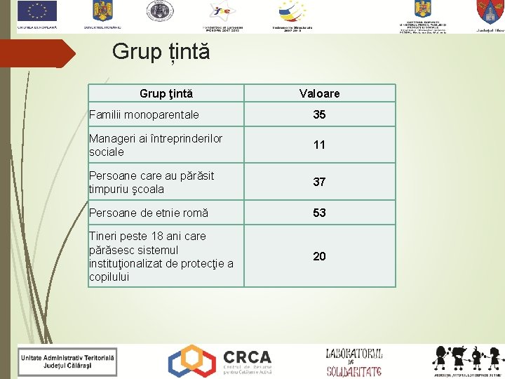 Grup țintă Grup ţintă Valoare Familii monoparentale 35 Manageri ai întreprinderilor sociale 11 Persoane