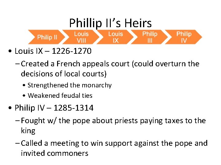 Phillip II’s Heirs • Louis IX – 1226 -1270 – Created a French appeals