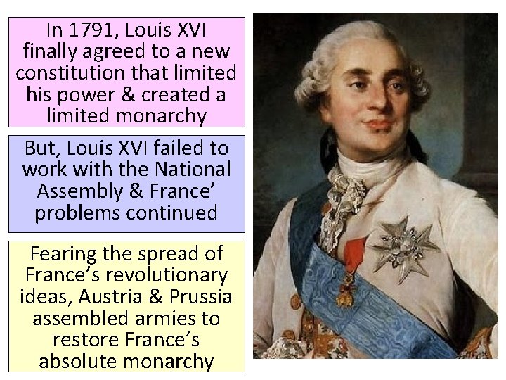 In 1791, Louis XVI finally agreed to a new constitution that limited his power