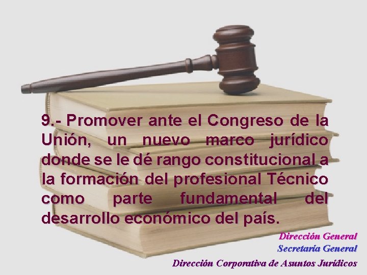 9. - Promover ante el Congreso de la Unión, un nuevo marco jurídico donde
