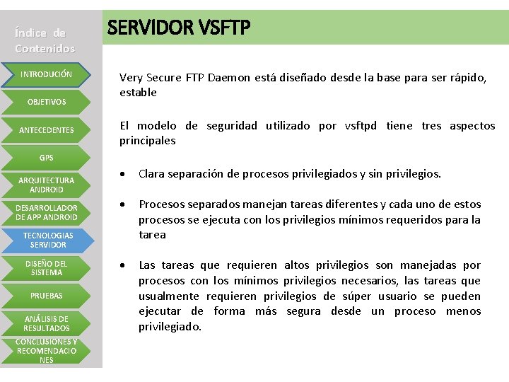 Índice de Contenidos INTRODUCIÓN OBJETIVOS ANTECEDENTES SERVIDOR VSFTP Very Secure FTP Daemon está diseñado