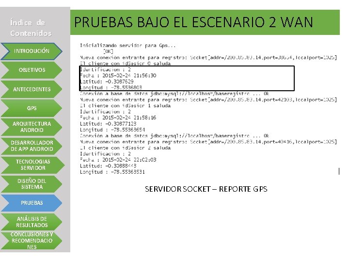 Índice de Contenidos PRUEBAS BAJO EL ESCENARIO 2 WAN INTRODUCIÓN OBJETIVOS ANTECEDENTES GPS ARQUITECTURA