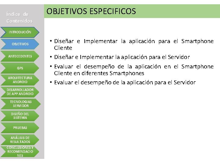 Índice de Contenidos OBJETIVOS Objetivos ESPECIFICOS Específicos INTRODUCIÓN OBJETIVOS ANTECEDENTES GPS ARQUITECTURA ANDROID DESARROLLADOR