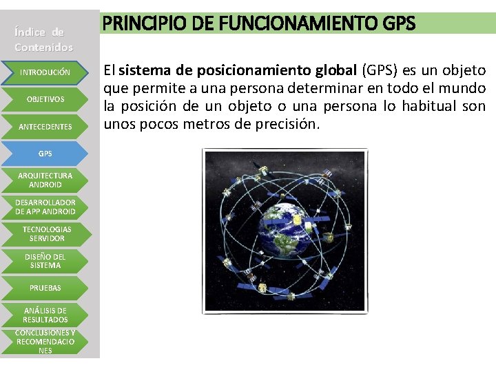 Índice de Contenidos INTRODUCIÓN OBJETIVOS ANTECEDENTES GPS ARQUITECTURA ANDROID DESARROLLADOR DE APP ANDROID TECNOLOGIAS