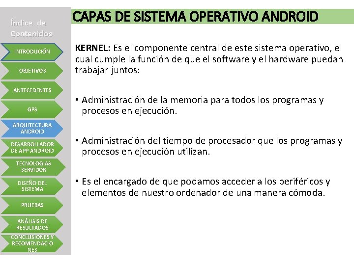 Índice de Contenidos INTRODUCIÓN OBJETIVOS ANTECEDENTES GPS ARQUITECTURA ANDROID DESARROLLADOR DE APP ANDROID CAPAS