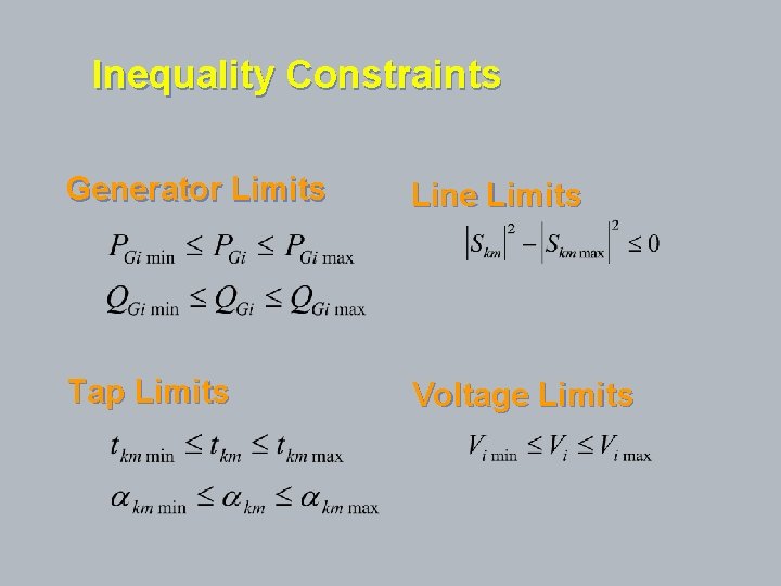 Inequality Constraints Generator Limits Line Limits Tap Limits Voltage Limits 