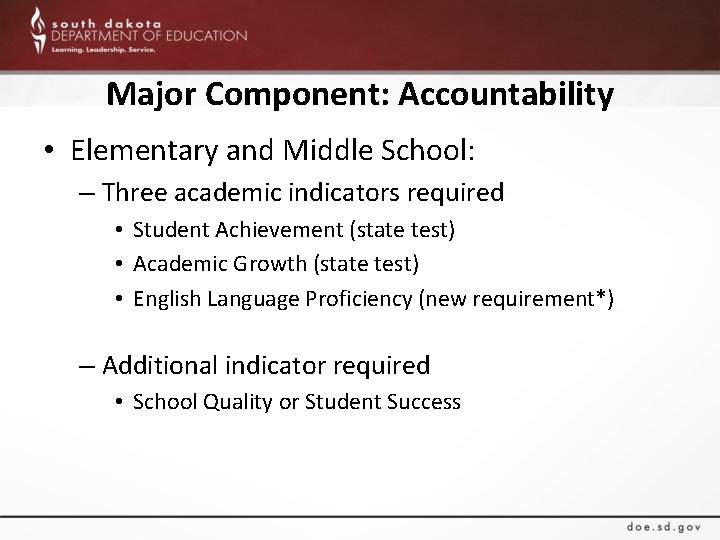 Major Component: Accountability • Elementary and Middle School: – Three academic indicators required •