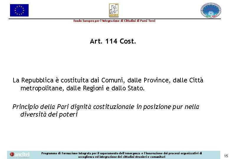 Fondo Europeo per l’Integrazione di Cittadini di Paesi Terzi Art. 114 Cost. La Repubblica