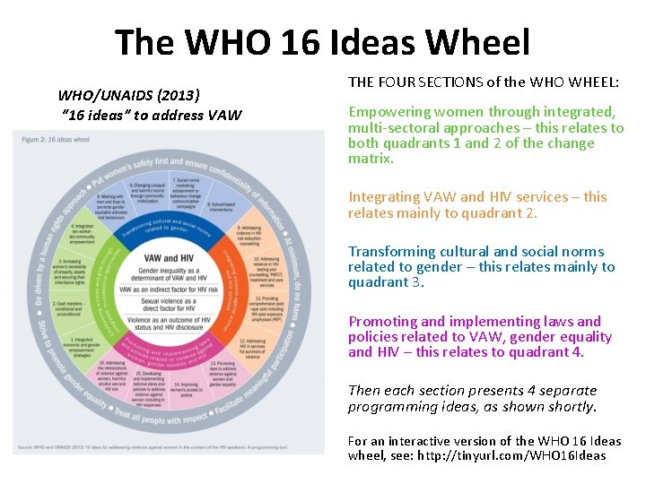 The WHO 16 Ideas Wheel WHO/UNAIDS (2013) “ 16 ideas” to address VAW THE