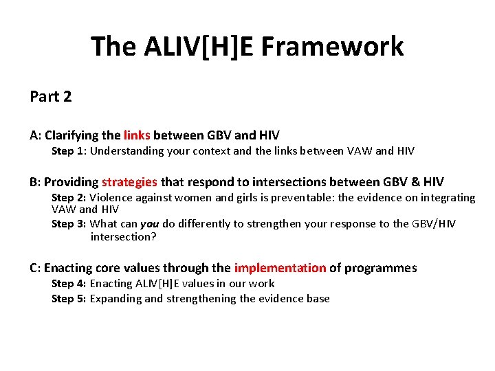 The ALIV[H]E Framework Part 2 A: Clarifying the links between GBV and HIV Step