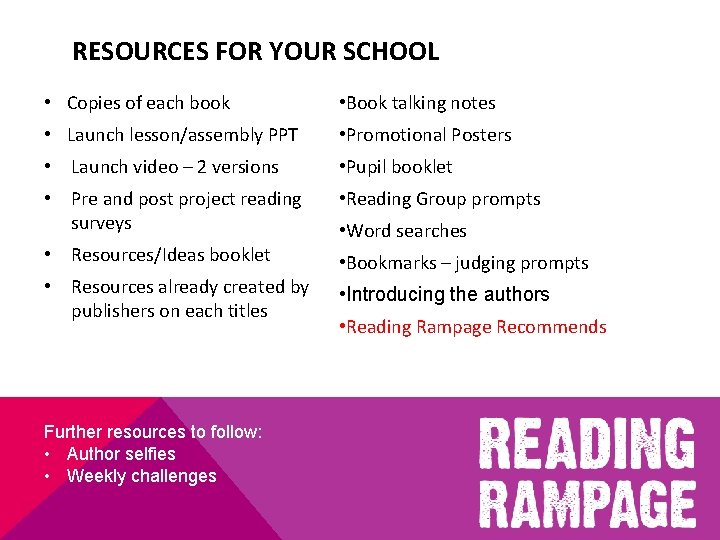 RESOURCES FOR YOUR SCHOOL • Copies of each book • Book talking notes •