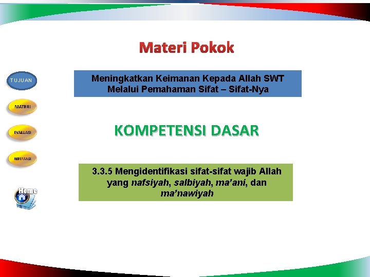 Materi Pokok TUJUAN Meningkatkan Keimanan Kepada Allah SWT Melalui Pemahaman Sifat – Sifat-Nya KOMPETENSI