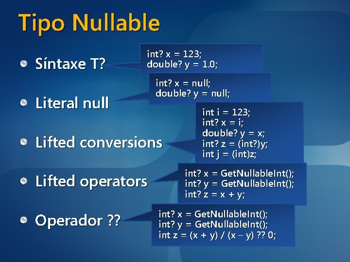 Tipo Nullable Síntaxe T? int? x = 123; double? y = 1. 0; Literal