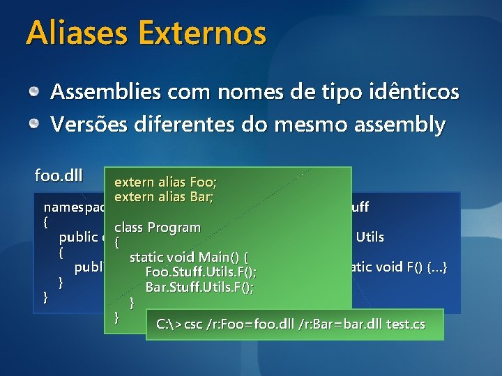 Aliases Externos Assemblies com nomes de tipo idênticos Versões diferentes do mesmo assembly foo.