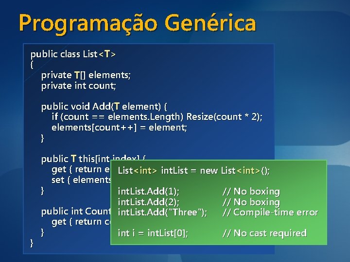 Programação Genérica public class List<T> { private object[] T[] elements; private int count; public