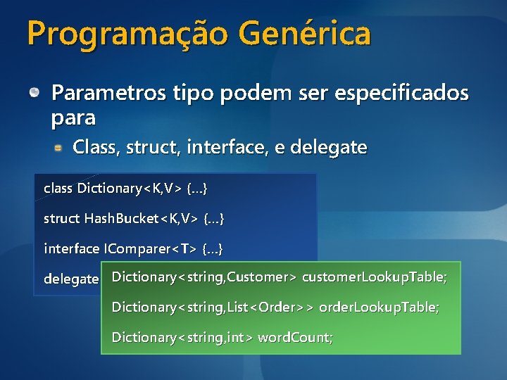 Programação Genérica Parametros tipo podem ser especificados para Class, struct, interface, e delegate class