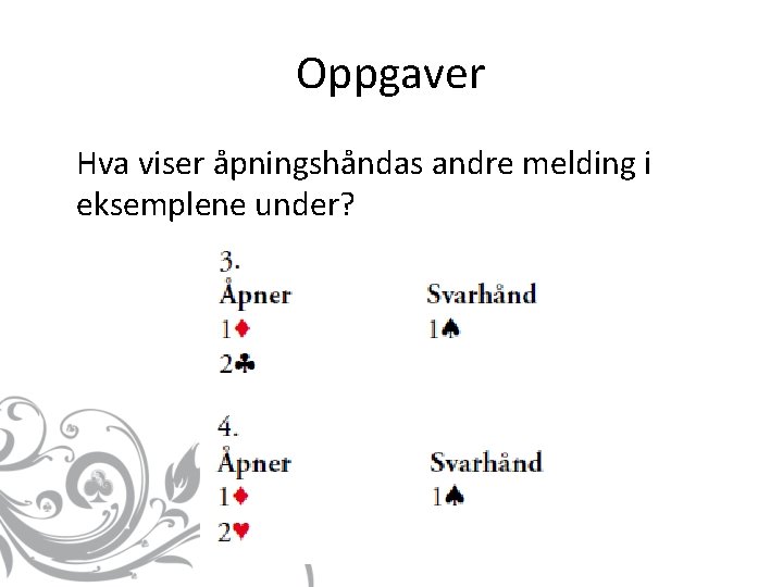 Oppgaver Hva viser åpningshåndas andre melding i eksemplene under? 