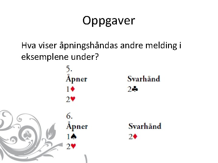 Oppgaver Hva viser åpningshåndas andre melding i eksemplene under? 