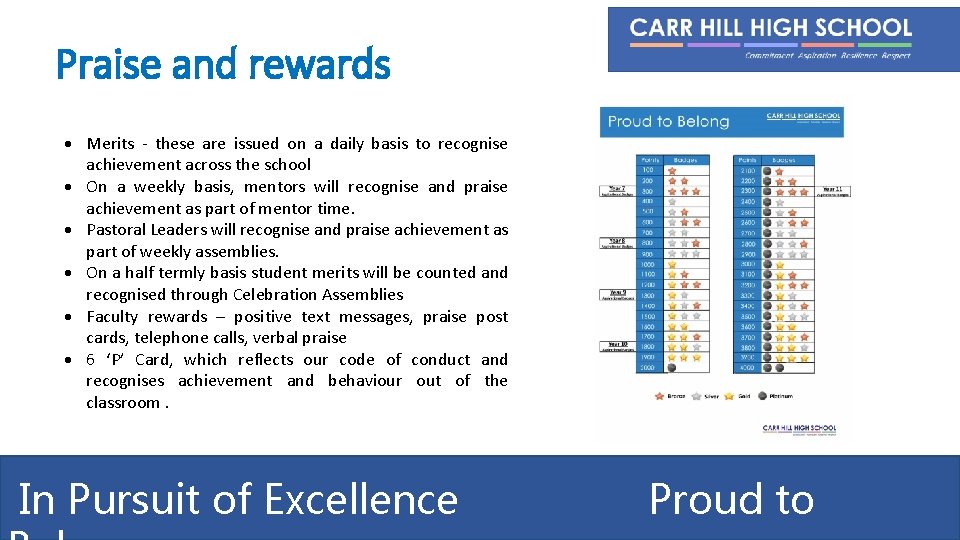 Praise and rewards Merits - these are issued on a daily basis to recognise