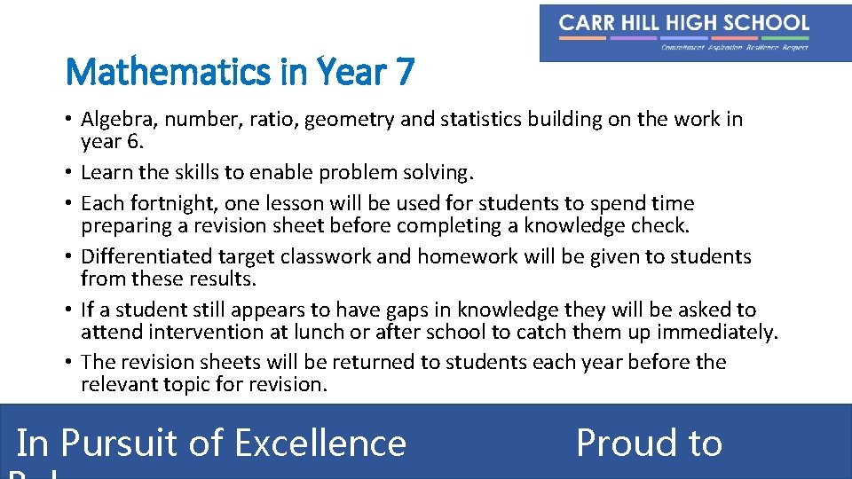 Mathematics in Year 7 • Algebra, number, ratio, geometry and statistics building on the