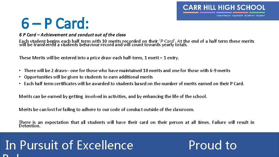 6 – P Card: 6 P Card – Achievement and conduct out of the
