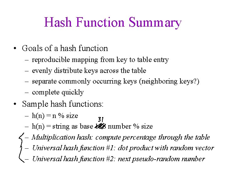 Hash Function Summary • Goals of a hash function – – reproducible mapping from