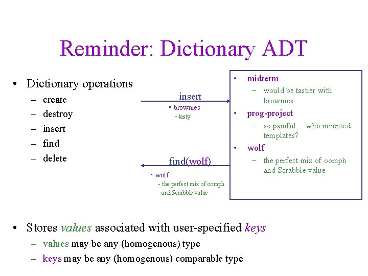Reminder: Dictionary ADT • • Dictionary operations – – – create destroy insert find