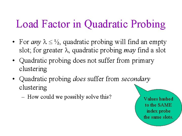 Load Factor in Quadratic Probing • For any ½, quadratic probing will find an