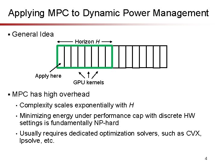 Applying MPC to Dynamic Power Management § General Idea Horizon H Apply here GPU