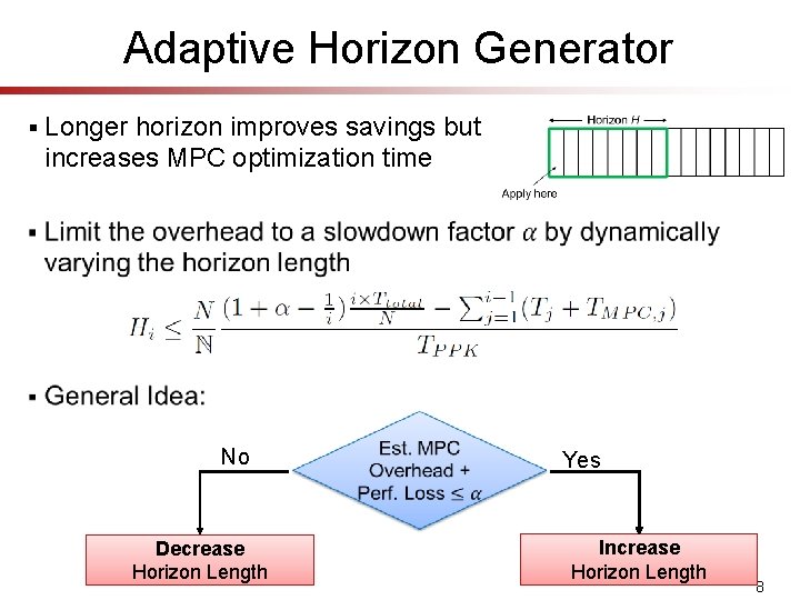 Adaptive Horizon Generator § Longer horizon improves savings but increases MPC optimization time §