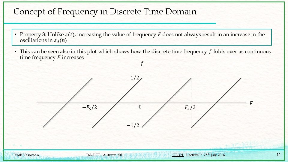 Concept of Frequency in Discrete Time Domain Yash Vasavada DA-IICT. Autumn 2016 CT-321. Lecture