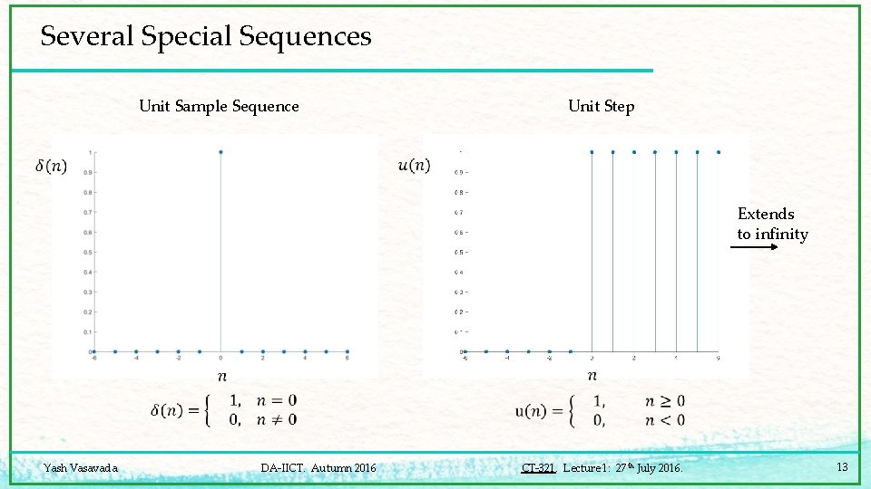 Several Special Sequences Unit Sample Sequence Unit Step Extends to infinity Yash Vasavada DA-IICT.