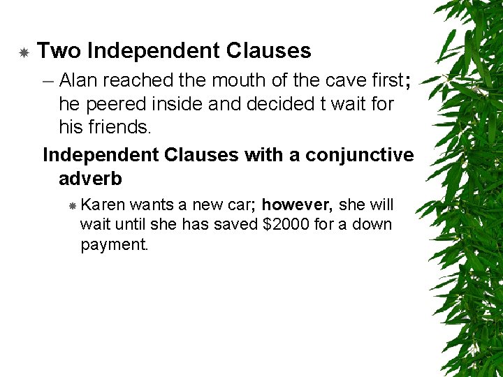  Two Independent Clauses – Alan reached the mouth of the cave first; he