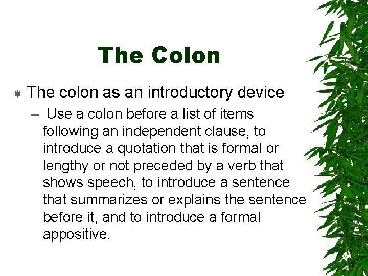 The Colon The colon as an introductory device – Use a colon before a